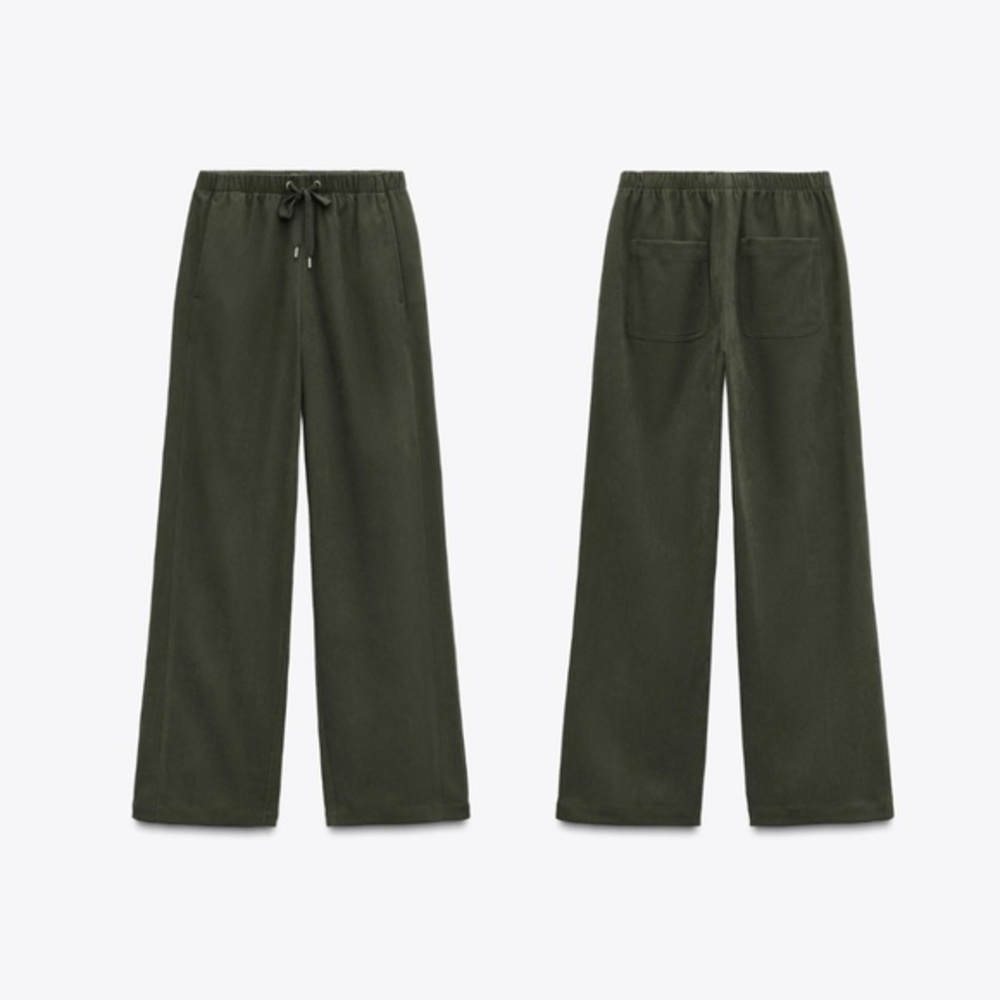 Zara Textured Faux Suede‎ Wide Leg Pants Green Dark Khaki 8372/245/507 Sz XL